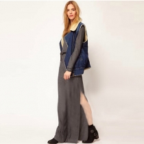 Fashion Round Neck Long Sleeve Slit Hem Floor-length Dress