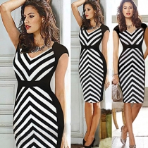 OL Style V-neck High Waist Short Sleeve Stripes Dress