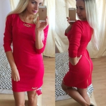 Fashion Solid Color 3/4 Sleeve Round Neck Slim Fit Dress