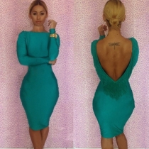 Sexy Backless Long Sleeve Solid Color Bandage Dress