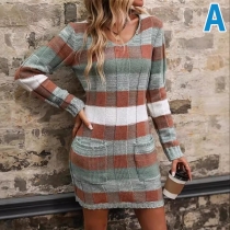 Fashion Contrast Color Round Neck Long Sleeve Patch Pockets Knitted Dress