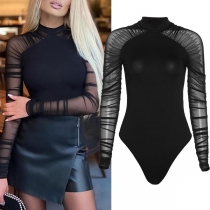 Sexy See-through Gauze Spliced Long Sleeve Mock Neck Slim Fit Bodysuit