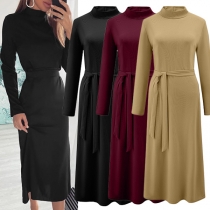 Elegant Solid Color Long Sleeve Mock Neck Slim Fit Dress with Waist Strap