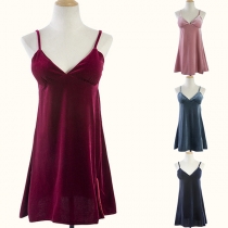 Sexy Backless V-neck Slit Hem Solid Color Sling Short Nightwear Dress