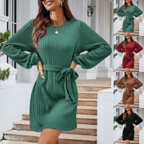 Fashion Solid Color Lantern Sleeve Round Neck Tie-belt Dress