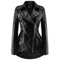 Fashion Long Sleeve Oblique Zipper High-low Hem PU Leather Coat