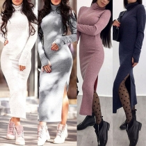 Fashion Solid Color Long Sleeve Turtleneck Slit Hem Slim Fit Dress