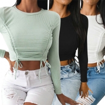 Sexy Solid Color Long Sleeve Round Neck Drawstring Crop Top
