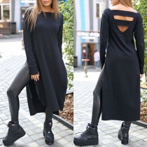 Sexy Backless Long Sleeve Slit Hem Solid Color Top