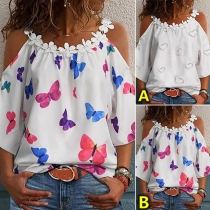 Sexy Off-shoulder Short Sleeve Lace Spliced Round Neck Heart/Butterfly Printed Top