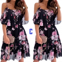 Fashion Floral Printed Open-shoudler Tiered Dress