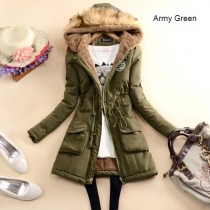 Fashion Solid Color Artificial Fur Spliced Hooded Gathered Waist Warm Coat 