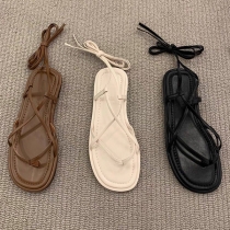 Fashion Solid Color Flat Heel Lace-up Thong Sandals