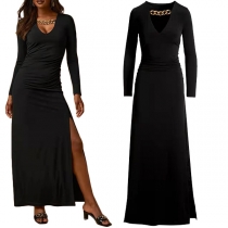 Sexy Solid Color Long Sleeve High Slit Black Long Dress