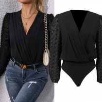 Sexy Pleated V-neck Jacquard Long Sleeve Bodysuit