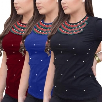 Fashion Short Sleeve Round Neck Pearl Inlaid Ruffle T-shirt