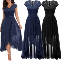 Elegant Solid Color Lace Spliced Sleeveless Irregular Hemline Dress