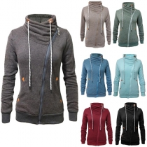 Fashion Solid Color Stand Collar Oblique Zipper Long Sleeve Sweatshirt Coat