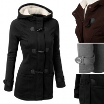 Fashion Solid Color Long Sleeve Hooded Horn Button Short Coat