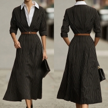 Fashion Contrast Color Lapel Collar V-neck Long Sleeve Verticial Stripe Printed Midi Dress with Belt
