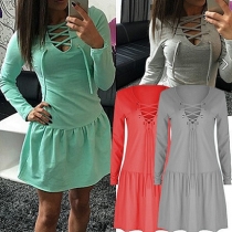 Fashion Solid Color Lace-Up Long Sleeves Pleated Dress
