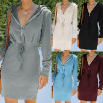 Fashion Solid Color Long Sleeve Zipper V-neck High Waist Slim Fit Hooded Dress