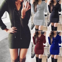 Sexy Solid Color Front Lace-up Long Sleeve Slim Fit Ribbed Dress