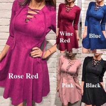 Sexy Lace-up V-neck 3/4 Sleeve High Waist Solid Color Dress