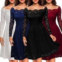 Fashion Elegant Solid Color Off-shoulder Long Sleeve Lace Dress 