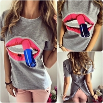 Cute Lip Printed Sequin Round Neck Short Sleeves T-shirt