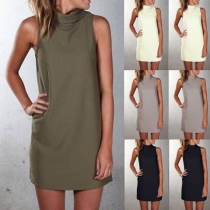 Fashion Solid Color Sleeveless Turtleneck T-shirt Dress