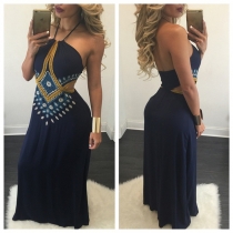 Sexy Backless Hollow Out Printed Maxi Dress