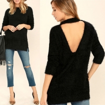 Trendy Solid Color Backless Round Neck Long Sleeve Fuzzy Sweater