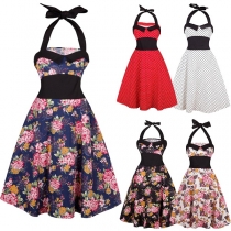Fashion Retro Flower Printed Backless Swing Dress