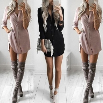 Casual Style Solid Color Single-breasted Lapel Long Sleeve Blouse Dress