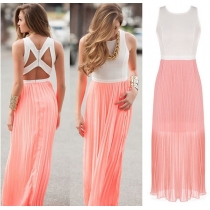 Sexy Backless Round Neck Sleeveless Contrast Color Maxi Dress