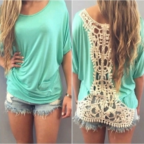 Fashion Hollow Out Lace Spliced Short Sleeve Loose T-shirt