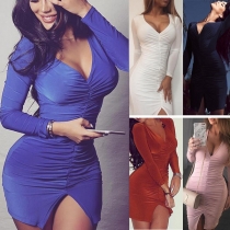 Sexy Solid Color V-neck Long Sleeve Crinkle Front Slit Bodycon Dress