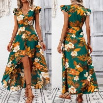 Fashion Floral Printed V-neck Ruffle Sleeveless High-low Hemline Dress