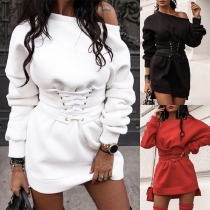 Fashion Solid Color Round Neck Lace-up Slim Fit Sweatshirt Dress