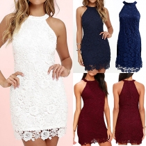 Elegant Solid Color Lace Spliced Round Neck Sleeveless Dress