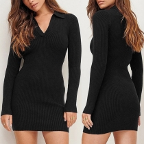 Fashion Solid Color V-neck Long Sleeve Ribbed Bodycon Dress