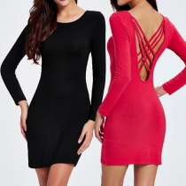 Fashion Sexy Solid Color Backless Crossover Long Sleeve Bodycon Dress 
