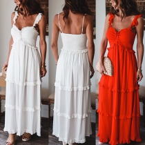 Sexy Backless Square Collar High Waist Solid Color Ruffle Sling Maxi Dress
