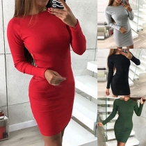 Sexy Backless Long Sleeve Round Neck Solid Color Bodycon Dress