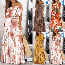 Sexy Ruffle Boat Neck High Waist Printed Maxi Dress