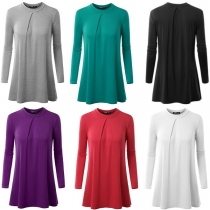 Casual Style Solid Color Round Neck Long Sleeve Tops