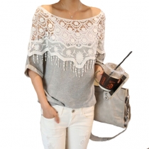 Elegant Loose Fitting  Floral Cutout Fringed Lace Spliced T-shirt