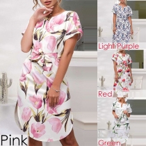 Fashion Short Sleeve V-neck Arc Hem Printed Dress