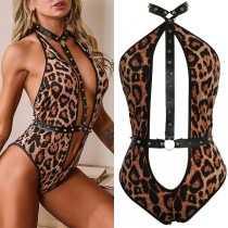 Sexy Leopard Printed Artificial Leather Strap Rivet Bodysuit